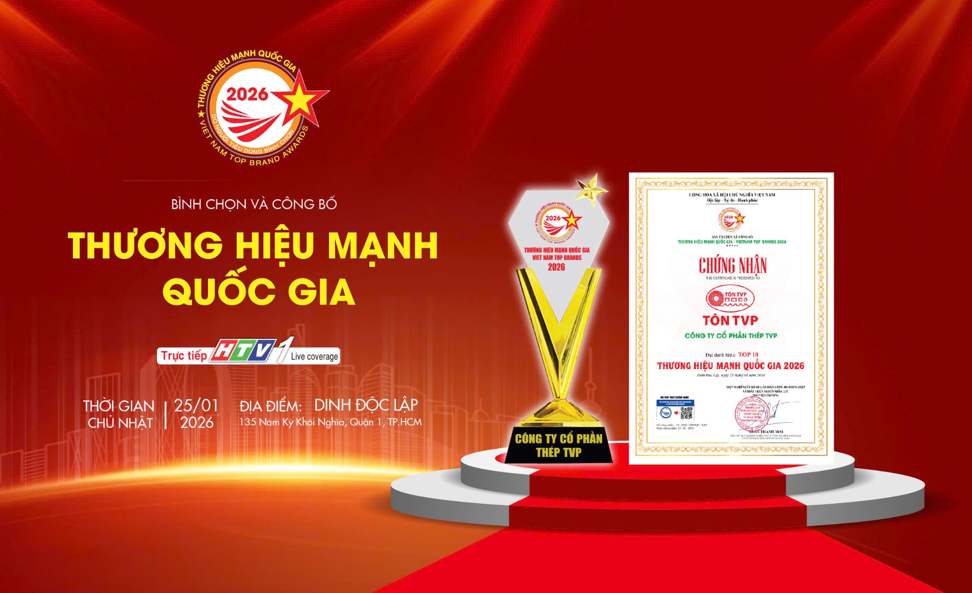 Công ty Cổ phần Thép TVP Lọt Top 10 Thương Hiệu Mạnh Quốc Gia Năm 2026